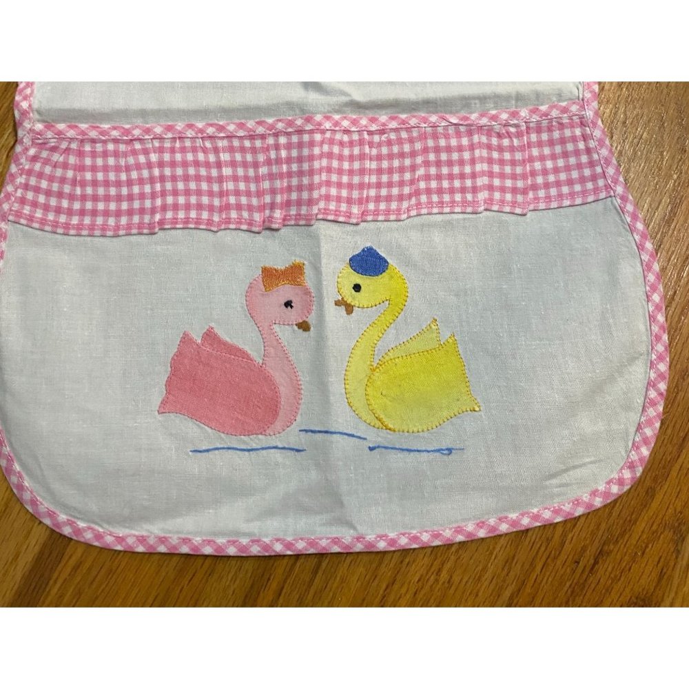 Cotton Baby Bib, Hand Stitched Swans Applique, Pinks and Yellows